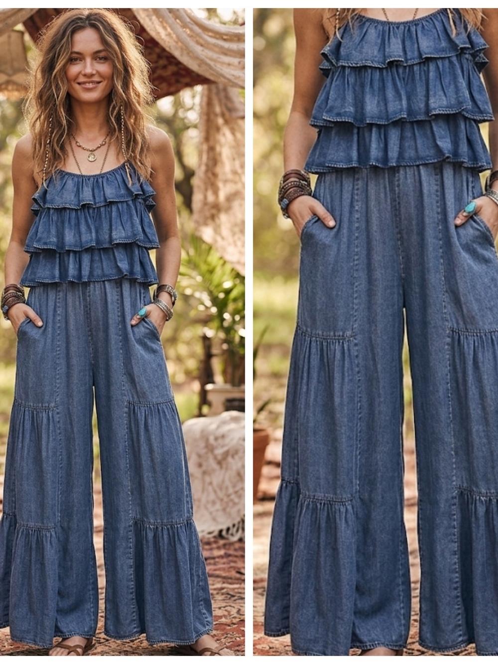 Tiered Ruffle Denim Jumpsuit in Medium Blue